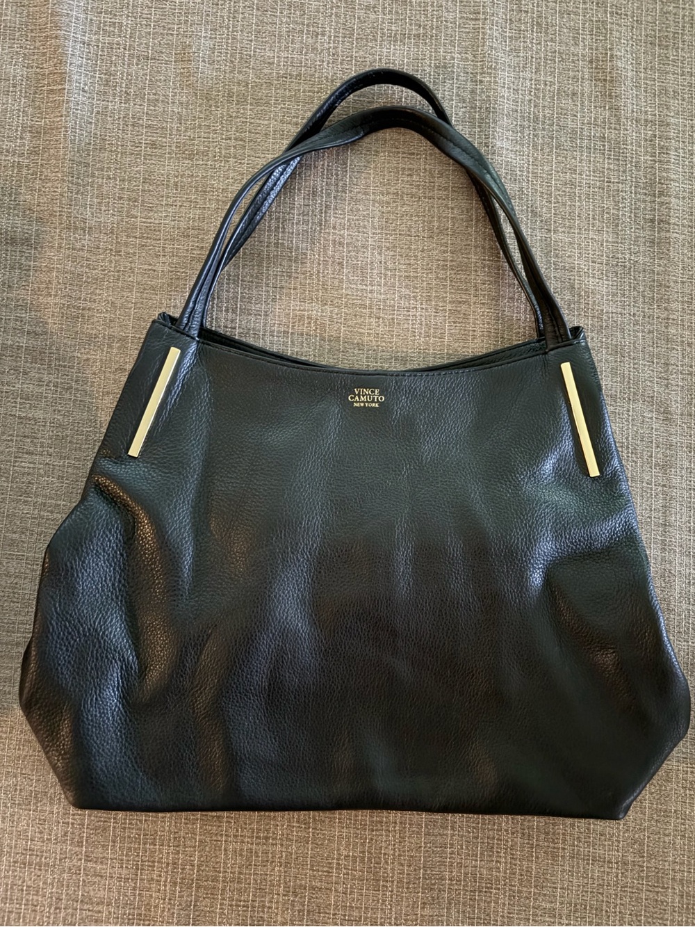 Vince Camuto Black Pebbled Leather Shoulder Tote with Gold Accents